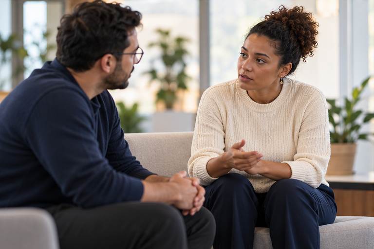 Duas pessoas conversam em um ambiente acolhedor